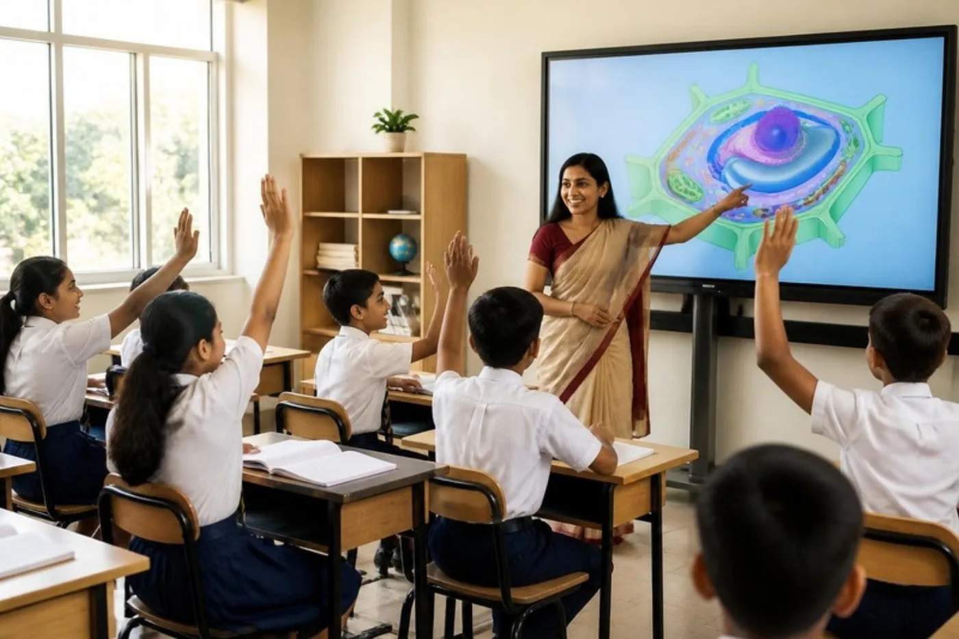 Students raising their hands in a smart classroom