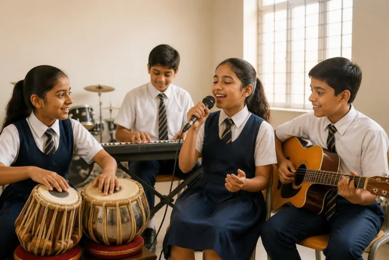 Students playing tabla, keyboard and guitar and singing together
