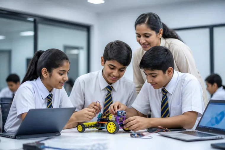 Students building a small robot in the robotics lab
