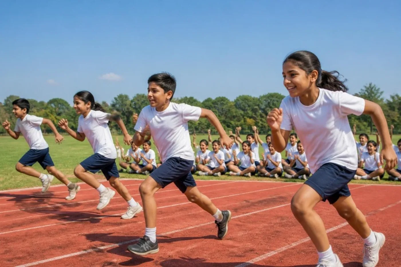Children running a race on the school sports ground